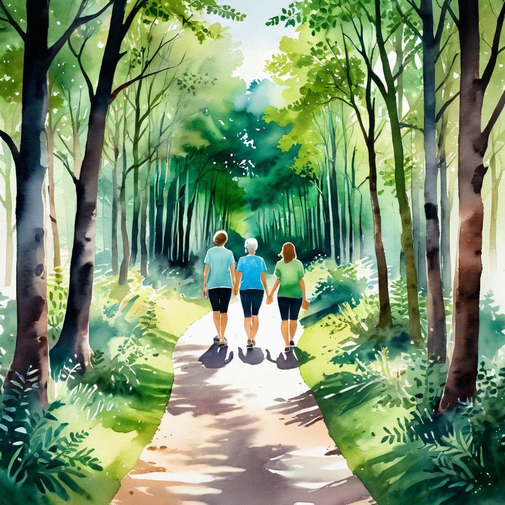 A serene path winding through a lush green forest, symbolizing hope and resilience, with gentle sunlight filtering through the trees. Include diverse figures walking together, representing cancer survivors and advocates, carrying supportive resources such as books and pamphlets. Soft pastel colors with a warm, uplifting atmosphere. watercolor. vibrant colors.
