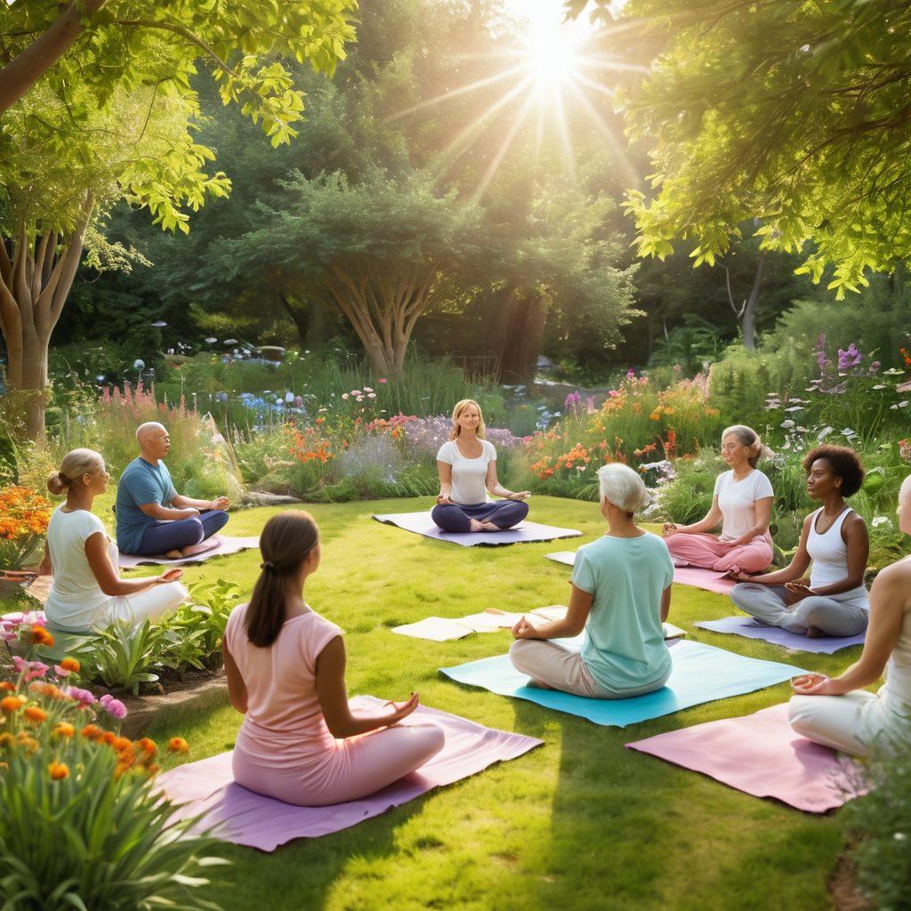 A serene scene depicting a diverse group of people engaging in holistic wellness activities such as meditation, yoga, and gardening in a sunlit community garden. Intertwined visuals of research papers and supportive group discussions can be subtly integrated into the background, symbolizing knowledge and community support in oncology. The atmosphere should exude calmness and unity with soft pastel colors. super-realistic. vibrant colors. nature-inspired.