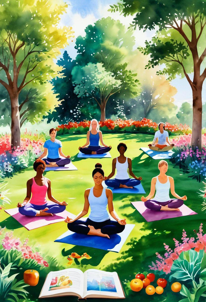 A serene landscape depicting a diverse group of individuals practicing yoga and meditation in a sunlit park, surrounded by vibrant flowers and lush greenery. In the foreground, symbols of health such as fruits, vegetables, and wellness books can be seen. The atmosphere radiates positivity, community, and support, illustrating both cancer prevention and survivor resilience. watercolor style. bright colors. soft focus.